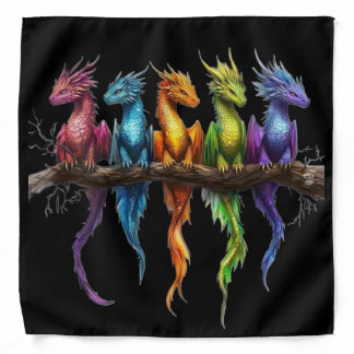 Rainbow Group of Baby Dragons on Black Bandana