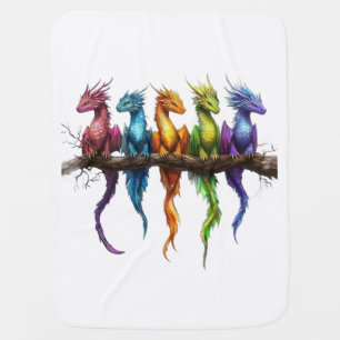 Rainbow Group of Baby Dragons on Black Blanket