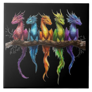 Rainbow Group of Baby Dragons on Black Ceramic Tile