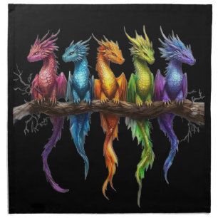Rainbow Group of Baby Dragons on Black Cloth Napkin