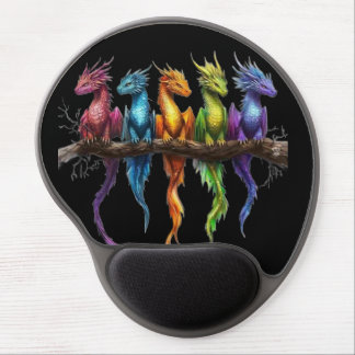 Rainbow Group of Baby Dragons on Black Gel Mouse Pad