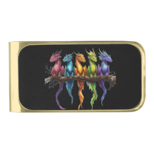 Rainbow Group of Baby Dragons on Black Gold Finish Money Clip