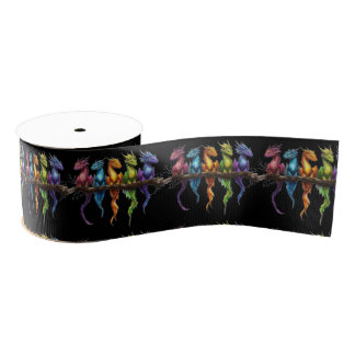 Rainbow Group of Baby Dragons on Black Grosgrain Ribbon