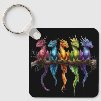Rainbow Group of Baby Dragons on Black Keychain