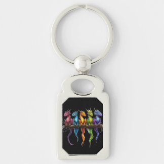 Rainbow Group of Baby Dragons on Black Keychain