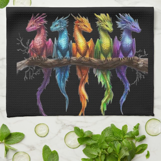 Rainbow Group of Baby Dragons on Black Kitchen Towel (Folded)