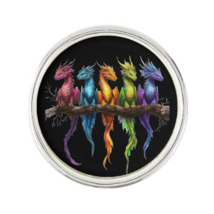Rainbow Group of Baby Dragons on Black Lapel Pin