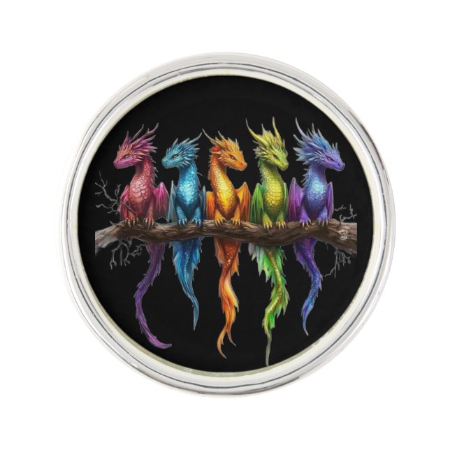 Rainbow Group of Baby Dragons on Black Lapel Pin (Front)