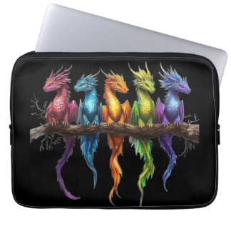 Rainbow Group of Baby Dragons on Black Laptop Sleeve
