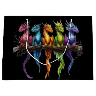 Rainbow Group of Baby Dragons on Black Large Gift Bag