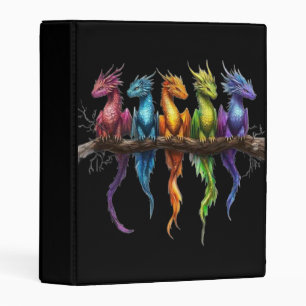 Rainbow Group of Baby Dragons on Black Mini Binder