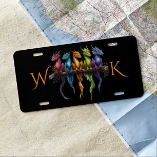 Rainbow Group of Baby Dragons on Black Monogram License Plate