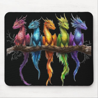 Rainbow Group of Baby Dragons on Black Mouse Pad