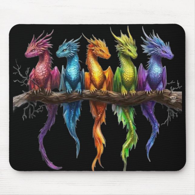 Rainbow Group of Baby Dragons on Black Mouse Pad (Front)