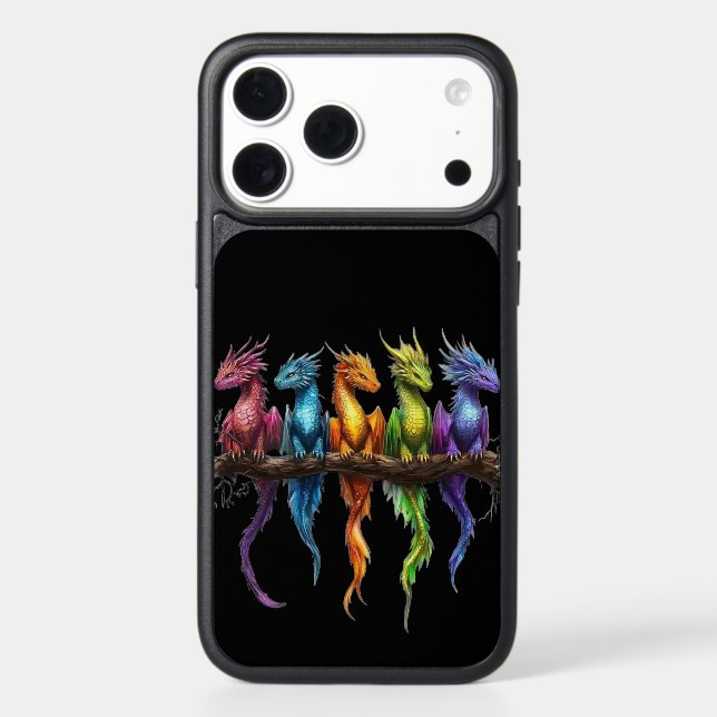 Rainbow Group of Baby Dragons on Black Otterbox iPhone Case (Back)