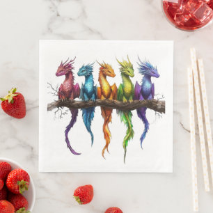 Rainbow Group of Baby Dragons on Black Paper Dinner Napkins