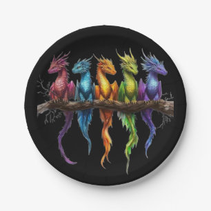 Rainbow Group of Baby Dragons on Black Paper Plates