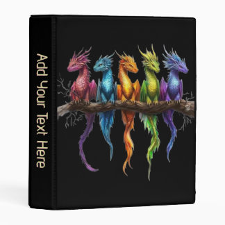 Rainbow Group of Baby Dragons on Black Personal Mini Binder