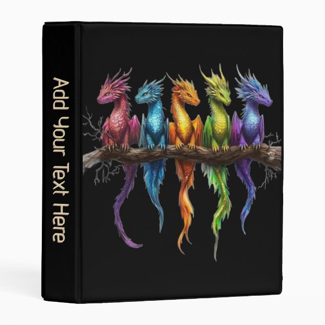 Rainbow Group of Baby Dragons on Black Personal Mini Binder (Front/Spine)