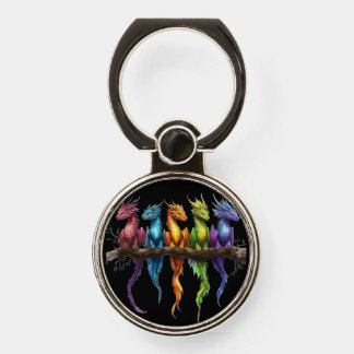 Rainbow Group of Baby Dragons on Black Phone Ring Stand