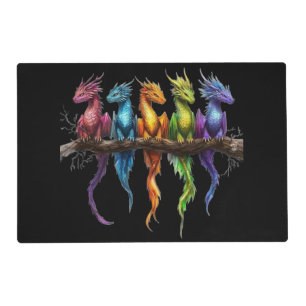 Rainbow Group of Baby Dragons on Black Placemat