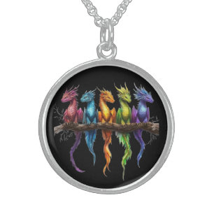 Rainbow Group of Baby Dragons on Black Sterling Silver Necklace