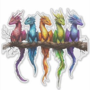 Rainbow Group of Baby Dragons on Black Sticker