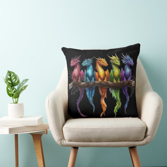 Rainbow Group of Baby Dragons on Black Throw Pillow (Chair)