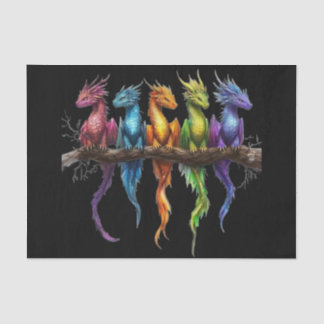 Rainbow Group of Baby Dragons on Black Tissue Paper