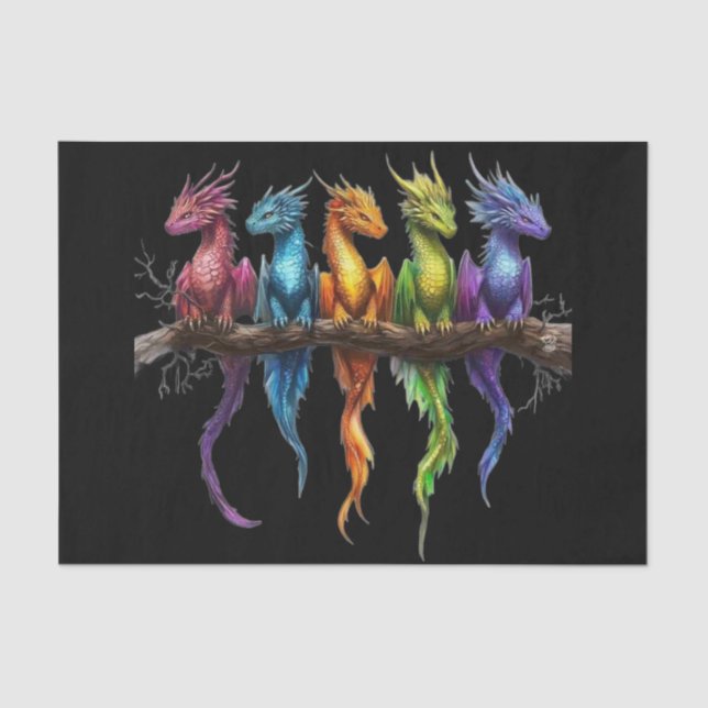 Rainbow Group of Baby Dragons on Black Tissue Paper (Front)