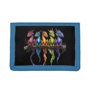 Rainbow Group of Baby Dragons on Black Tri-fold Wallet