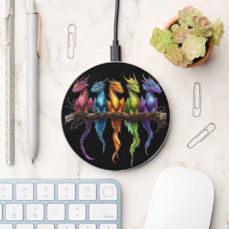 Rainbow Group of Baby Dragons on Black Wireless Charger