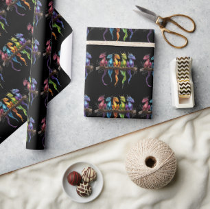 Rainbow Group of Baby Dragons on Black Wrapping Paper
