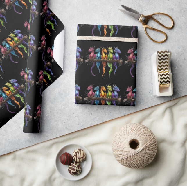 Rainbow Group of Baby Dragons on Black Wrapping Paper (Crafts)
