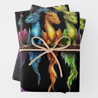 Rainbow Group of Baby Dragons on Black Wrapping Paper Sheets