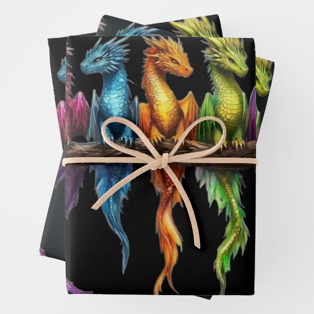 Rainbow Group of Baby Dragons on Black Wrapping Paper Sheets (In situ)