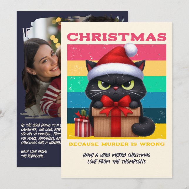 Rainbow Grunge Funny Cat Retro Christmas Photo Holiday Card (Front/Back)
