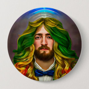 Rainbow Hair Man Of Love Fantasy surreal LGBTQ Art Button