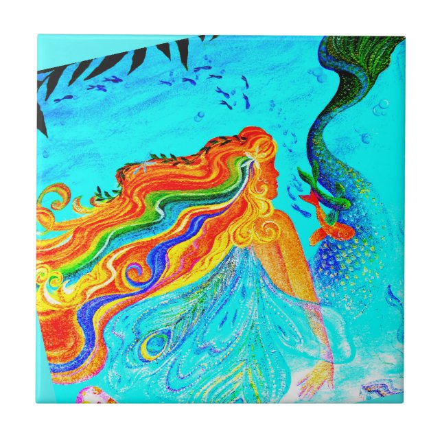 rainbow hair mermaid blue ceramic tile (Front)