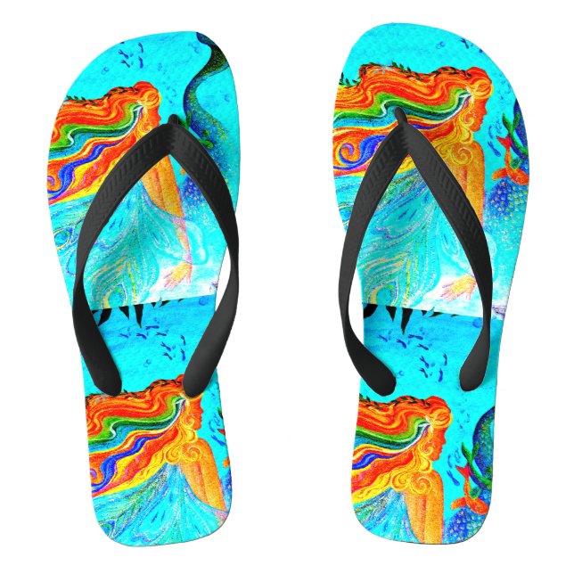 rainbow hair mermaids blue flip flops (Footbed)
