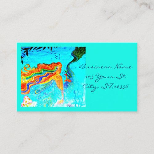 rainbow haired mermaid blue business card