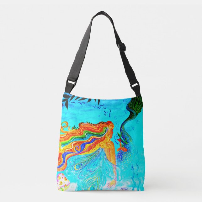 rainbow-haired mermaid blue crossbody bag (Front)
