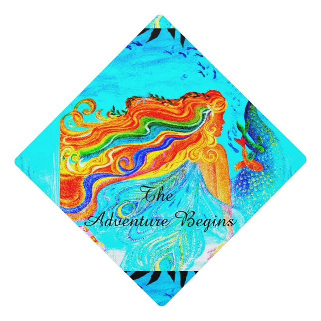 rainbow haired mermaid blue graduation cap topper (Front)