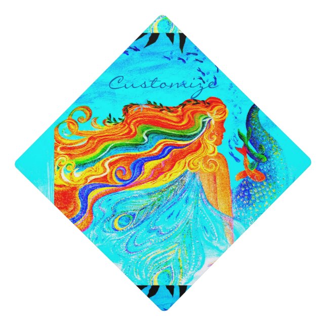 rainbow haired mermaid blue graduation cap topper (Front)