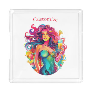 Rainbow-haired Mermaid With Cocktail Acrylic Tray