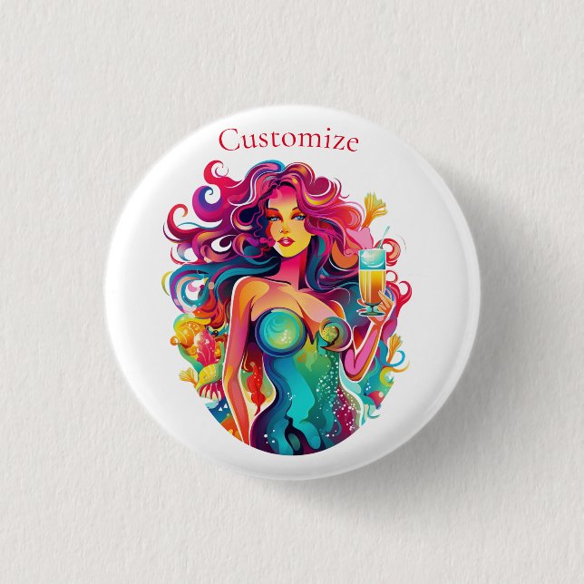 Rainbow-haired Mermaid With Cocktail  Button (Front)