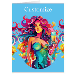 Rainbow-haired Mermaid With Cocktail Card