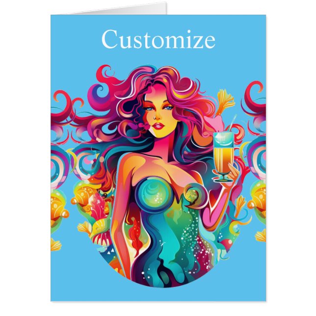 Rainbow-haired Mermaid With Cocktail  Card (Front)