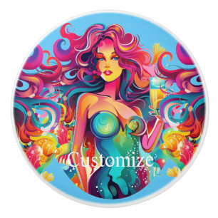 Rainbow-haired Mermaid With Cocktail  Ceramic Knob