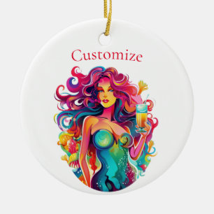 Rainbow-haired Mermaid With Cocktail Ceramic Ornament